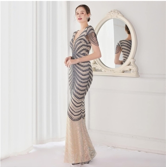 Navy/Ivory , Short Rhinestone Sleeves,  Sequined,  V Neck, Mermaid Maxi … - Picture 7 of 16